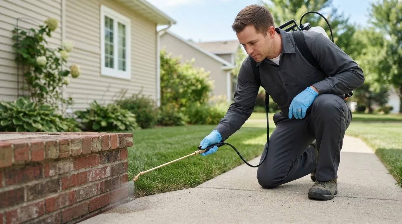 Pest control technician treating a home near Elysian Fields, TX