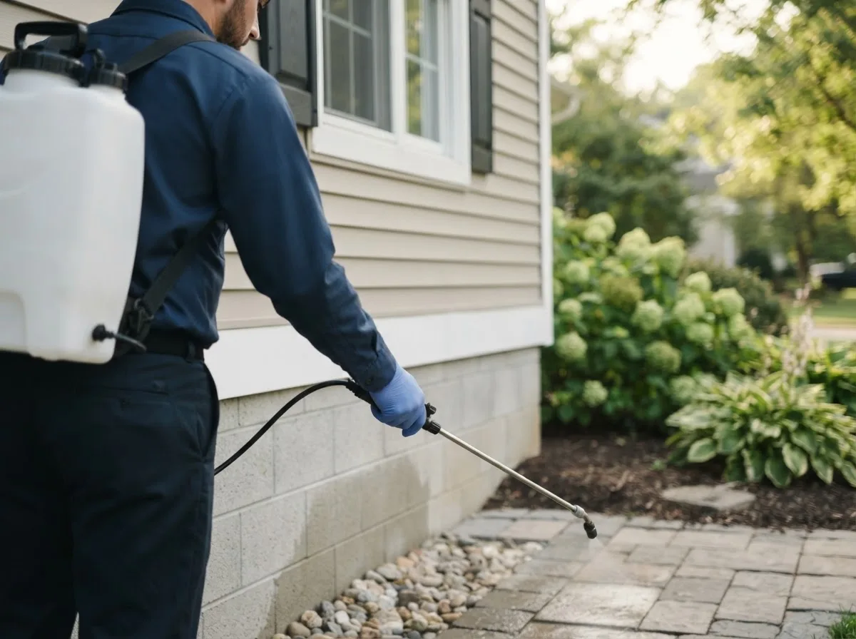 Pest control technician inspecting a home in Elysian Fields, TX